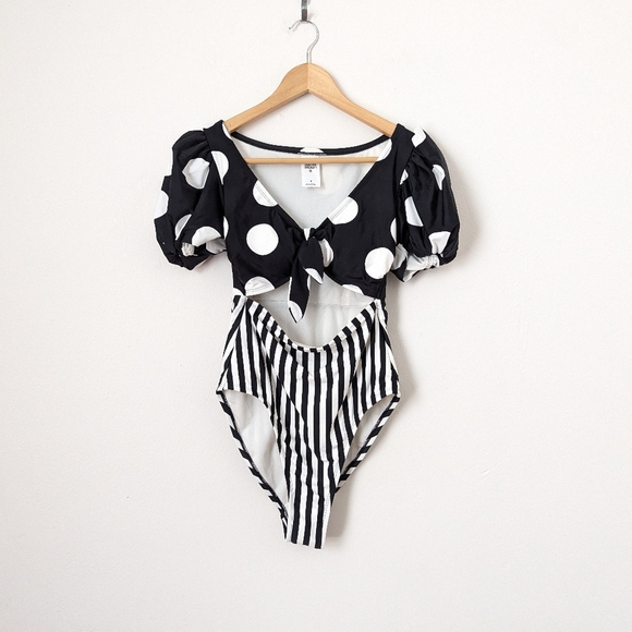 NWOT Tabitha Brown X Target Black White Polka Dot Stripe Puff Sleeve Swimsuit - Picture 2 of 7